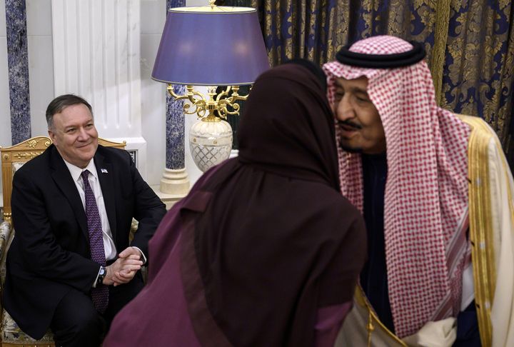 Secretary of State Mike Pompeo (left) departed on a foreign trip soon after the election to promote tough measures on Iran in cooperation with partners like Saudi Arabia's King Salman bin Abdulaziz (right).