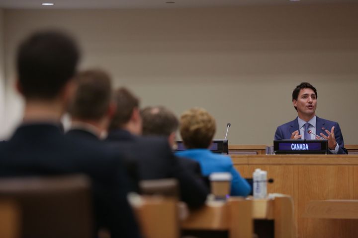 Prime Minister Justin Trudeau speaks at UN headquarters.