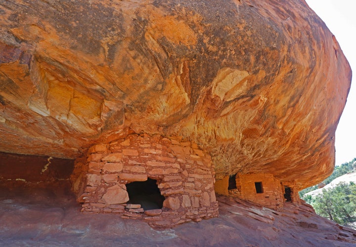 Ancient granaries, part of the House on Fire ruins, are shown here in the South Fork of Mule Canyon in the Bears Ears National Monument on May 12, 2017, outside Blanding, Utah.