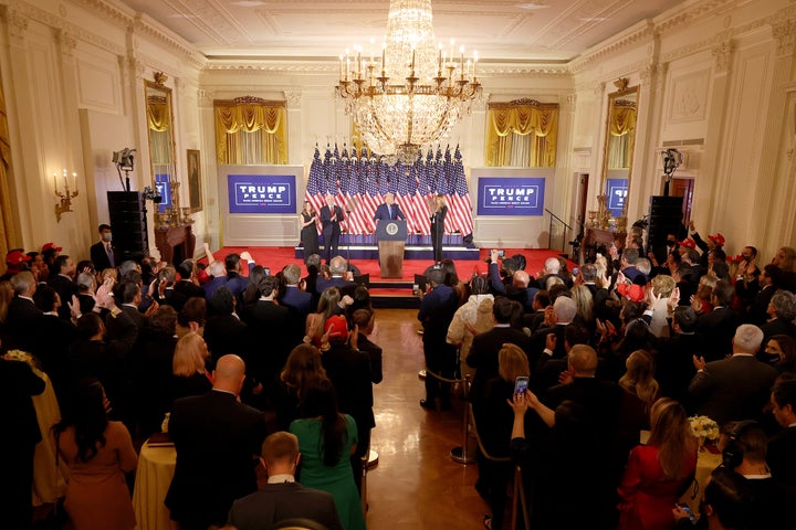 Trump speaks on election night in a packed White House East Room, where few guests wore masks.