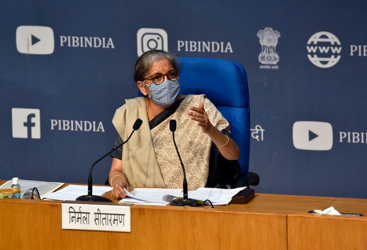 Union finance minister Nirmala Sitharaman addresses a press conference on Cabinet decisions at National Media Centre on November 11, 2020 in New Delhi, India.