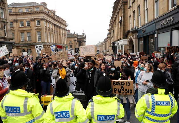 A demonstrator speaks into a microphone during a Black Lives Matter protest following the death of George Floyd in Minneapolis police custody, in Newcastle, Britain, June 13, 2020. REUTERS/Lee Smith