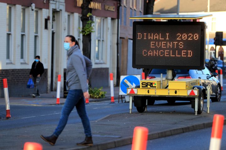 A Diwali 2020 cancelled sign on Belgrave Road, Leicester, at the start of a four week national lockdown for England.
