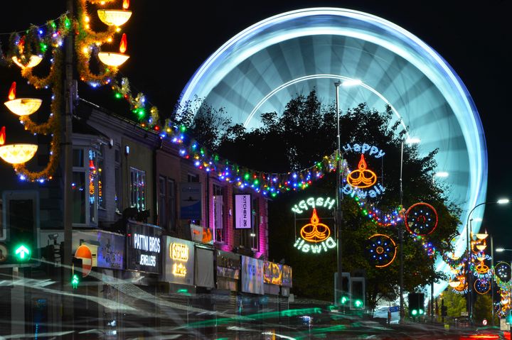 The Diwali lights on the Golden Mile in Leicester ahead of Diwali, however due to Covid restrictions the usual ceremony and events will not be taking place this year.