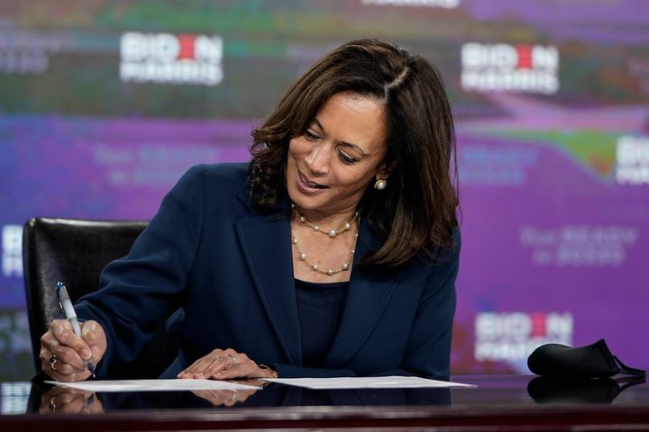 Kamala Harris signing the required documents to receive the democratic nomination for vice president in Wilmington, Delaware, on Aug. 14, 2020.