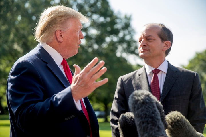 President Donald Trump (left) announced in July 2019 that Labor Secretary Alex Acosta (right) would be stepping down amid ren