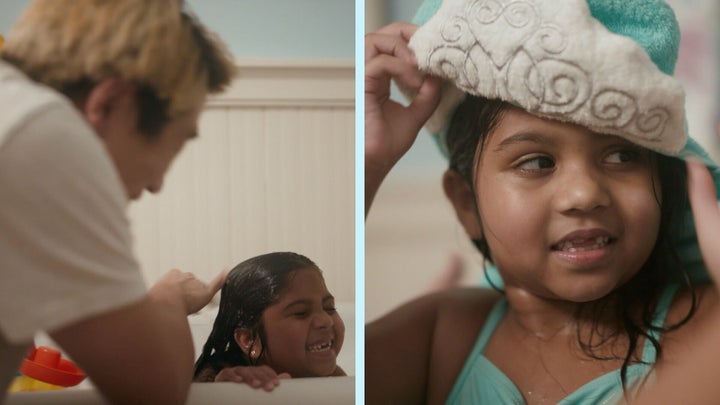 Raymond and Ella are all smiles during their cherished hair washing ritual.(Photograph: Courtesy of Pantene)