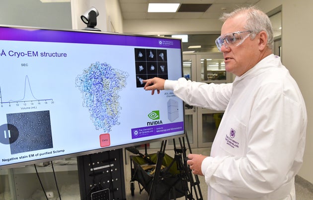 Prime Minister Scott Morrison is seen during a tour of the University of Queensland Vaccine Lab on October...