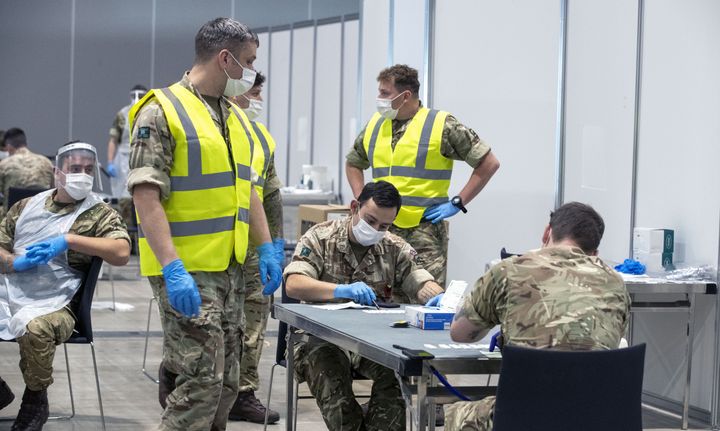 Soldiers at The Exhibition Centre in Liverpool, which has been set up as a testing centre as part of the mass Covid-19 testing in Liverpool