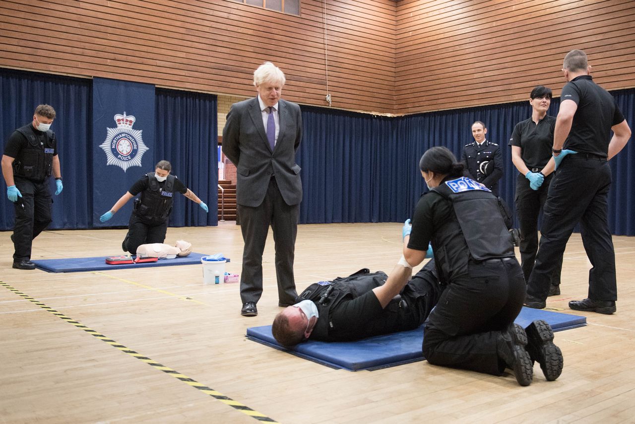 Boris Johnson during a visit to Northamptonshire Police headquarters in Northampton.