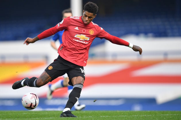 Rashford in action during the English Premier League soccer match between Everton and Manchester United in Liverpool on Saturday.