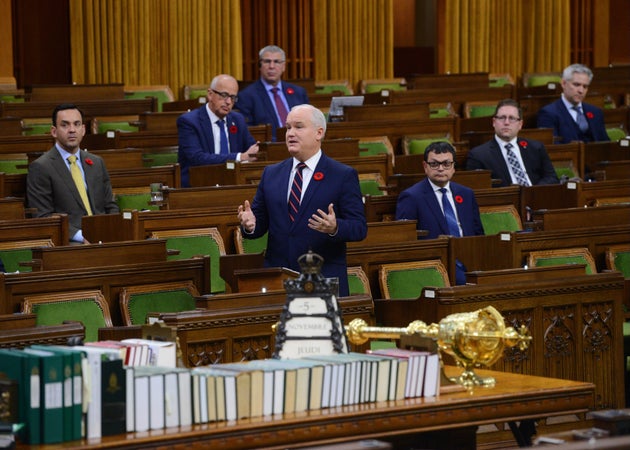 Conservative Leader Erin O'Toole delivers a statement in the House of Common on Parliament Hill in Ottawa on Nov. 5, 2020.