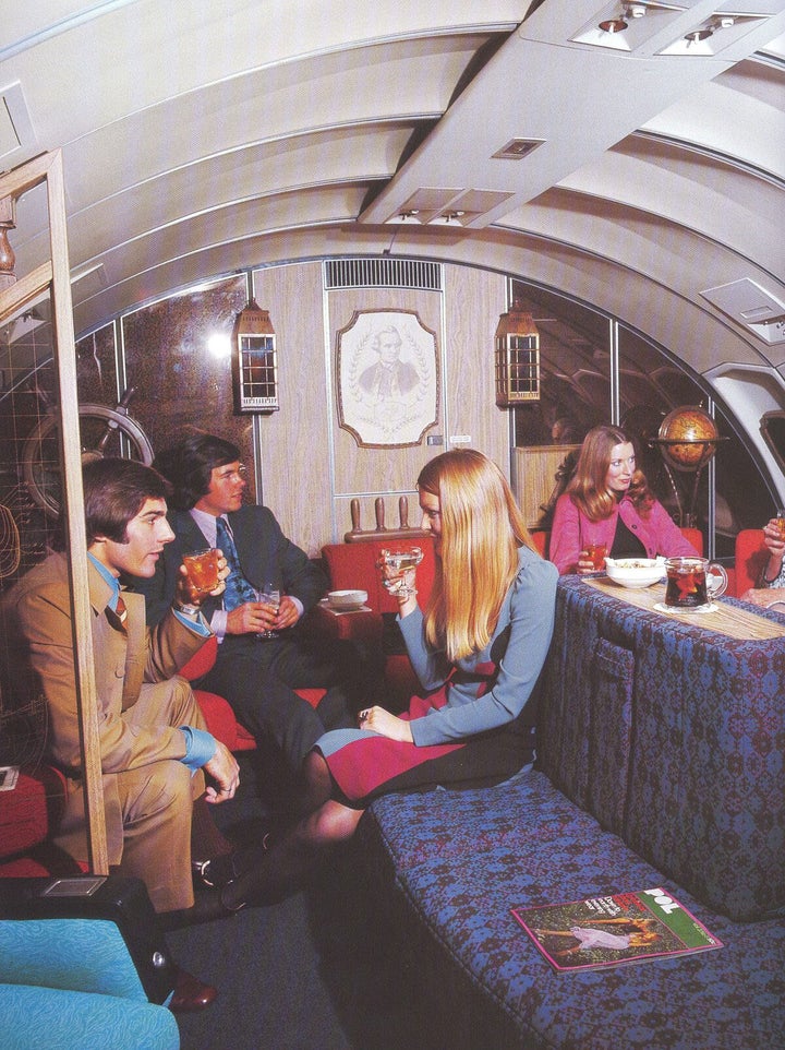 The First Class Lounge of a B747 operated by Qantas in the 1970s. 