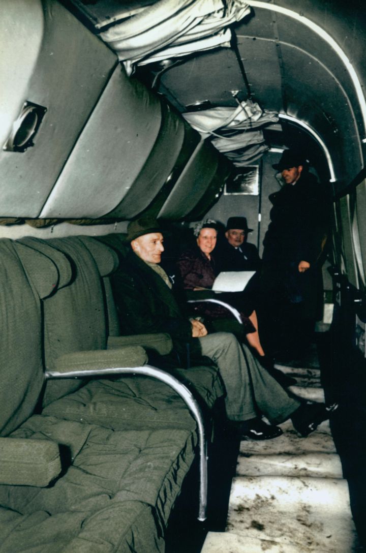 The interior of a Lancastrian, converted to the first Qantas in-flight beds. 