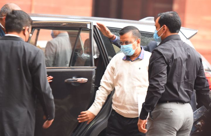Delhi Chief Minister Arvind Kejriwal arrives to meet Union Home Minister Amit Shah on the Covid-19 situation, on November 15, 2020 in New Delhi, India.