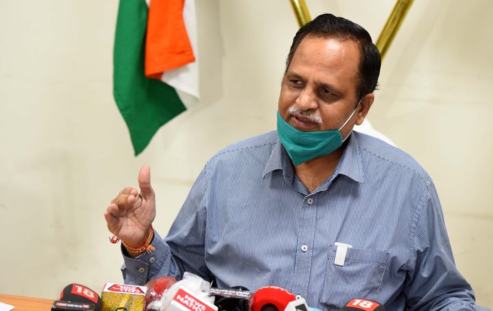 Delhi Health Minister Satyendar Jain addressing media persons during a press conference on Delhi's sero-survey for coronavirus, at his official residence, on Raj Niwas Marg, Civil Lines on August 20, 2020 in New Delhi.