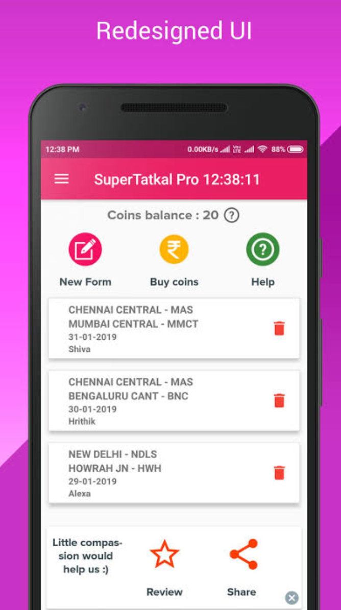 A screengrab of the Super Tatkal Pro app before it was deactivated.