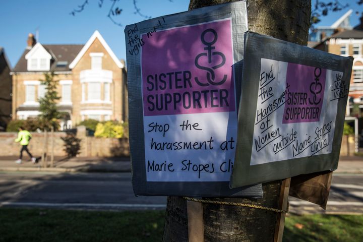 Placards placed outside the Marie Stopes Abortion Clinic by a pro-choice group in London. 