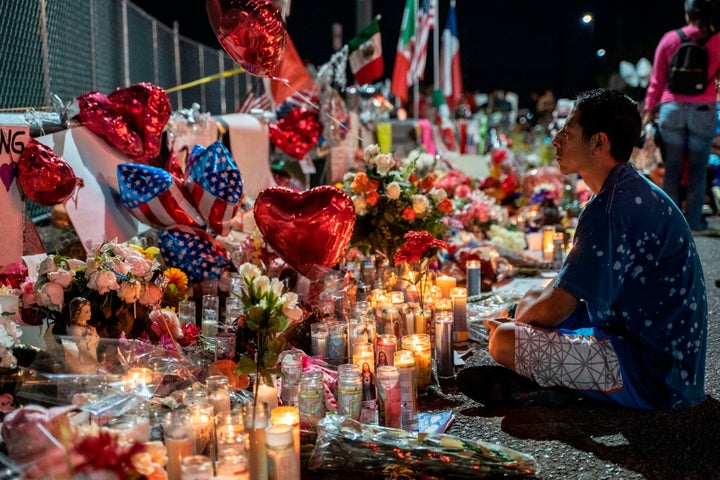 Abel Valenzuela visits the makeshift memorial for victims of the mass shooting at the Cielo Vista Mall Walmart in El Paso, Texas, on Aug. 8, 2019. 