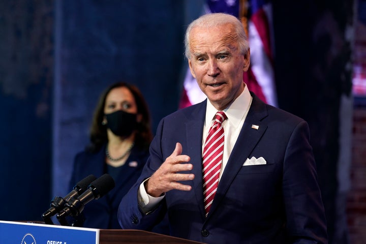 President-elect Joe Biden, accompanied by vice-preesident-elect Kamala Harris speaks about economic recovery at The Queen Theater in Wilmington, Del. on Nov. 16, 2020.