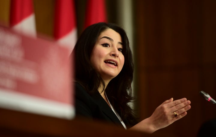 Minister for Women and Gender Equality and Rural Economic Development Maryam Monsef speaks during a press conference on broadband internet in Ottawa on Nov. 9, 2020.