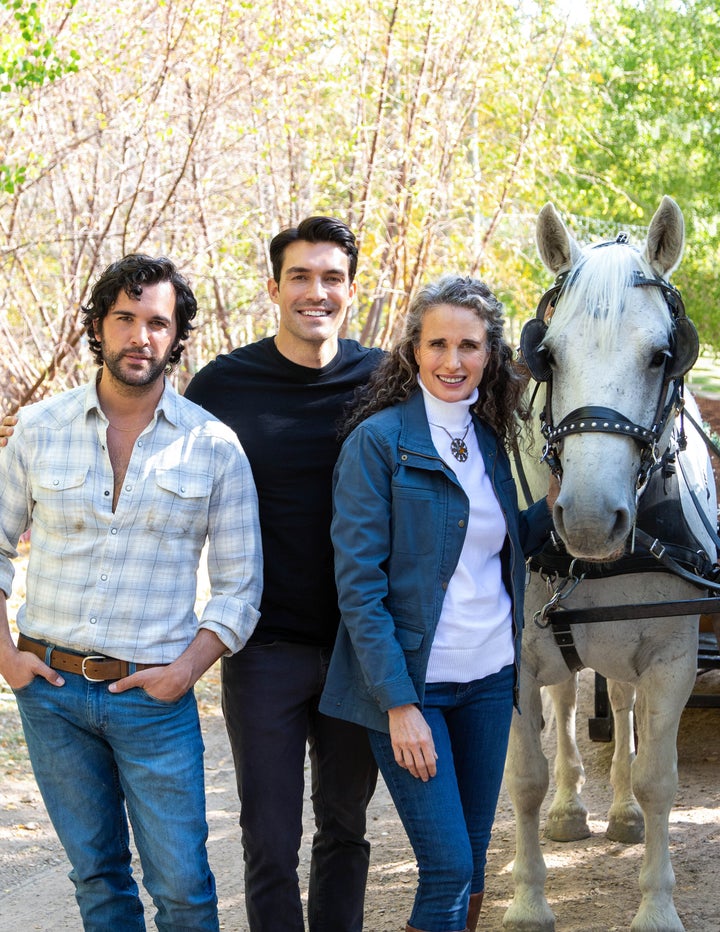"Dashing in December" stars (from left) Juan Pablo Di Pace, Peter Porte and Andie MacDowell.