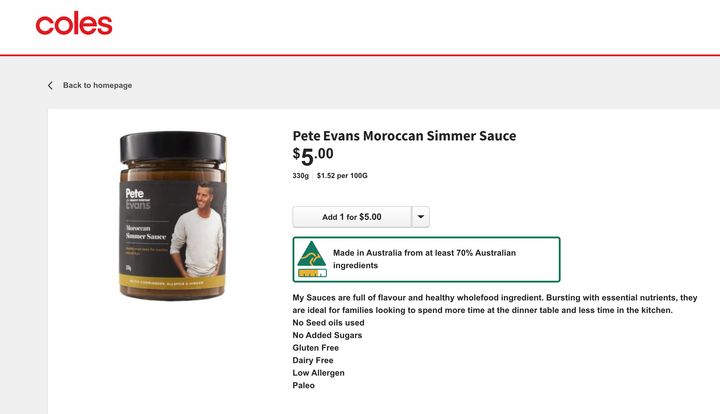 A screenshot Tuesday morning of the Coles website listing a product from Pete Evans's whole foods range.