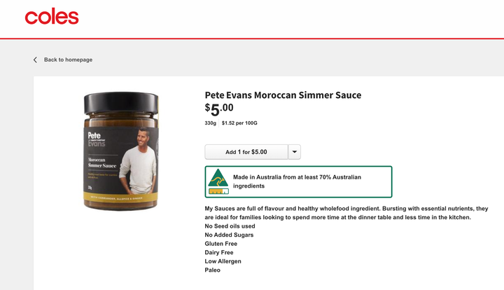 A screenshot Tuesday morning of the Coles website listing a product from Pete Evans's whole foods range.