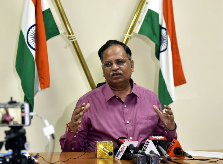 Delhi Minister Health, Industries, Home, Public Work Department, Power, Urban Development, and Transport Satyendar Kumar Jain addresses media person on the issue of Delhi Corona virus Covind 19 status report at his residence Raj Niwas Marg, on October 10, 2020 in New Delhi. 