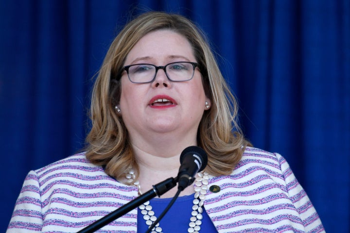 In this June 21, 2019 file photo, General Services Administration Administrator Emily Murphy speaks during a ribbon cutting ceremony for the Department of Homeland Security's St. Elizabeths Campus Center Building in Washington. (AP Photo/Susan Walsh)