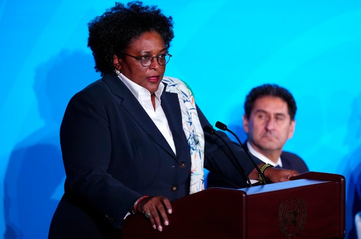 Barbados' Prime Minister Mia Mottley speaks during the 2019 United Nations Climate Action Summit at U.N. headquarters in New York City on Sept. 23, 2019. 