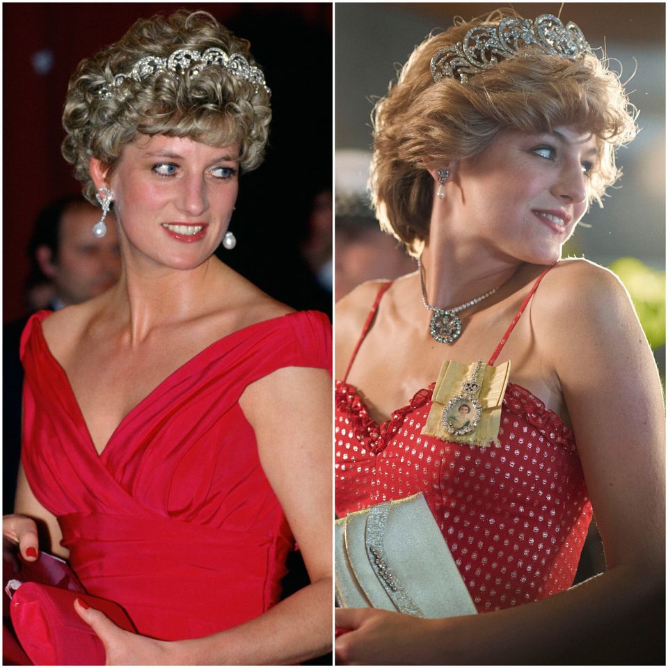 Princess Diana and, on the right, Princess Diana in The Crown, played by Emma Corrin