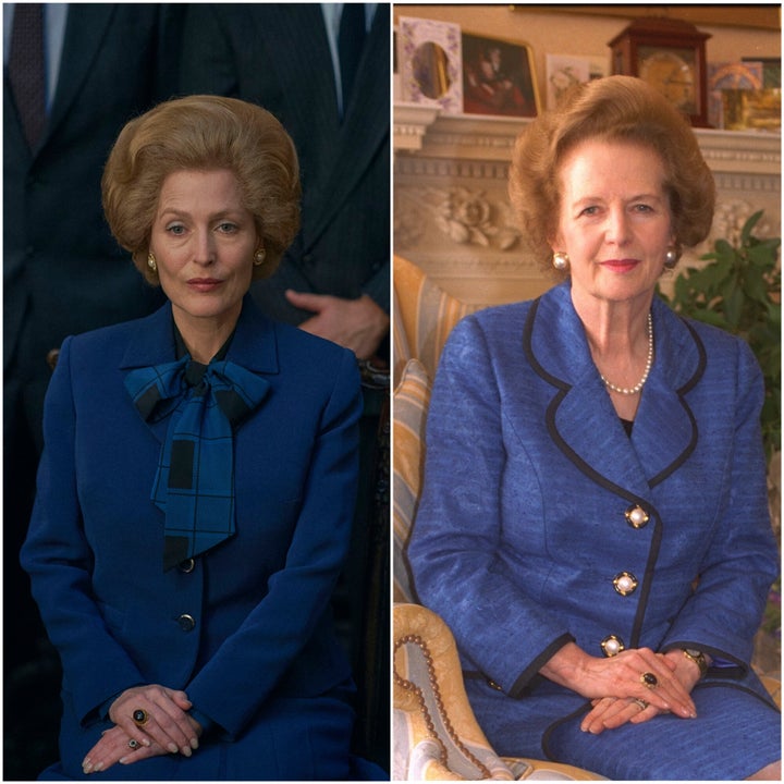 Gillian Anderson as Margaret Thatcher in The Crown and, on the right, actual Margaret Thatcher