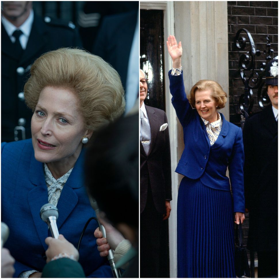Gillian Anderson as Margaret Thatcher in The Crown and, on the right, actual Margaret Thatcher
