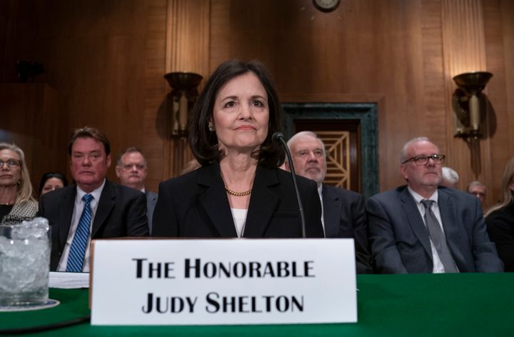 President Donald Trump's nominee to the Federal Reserve, Judy Shelton, appears before the Senate Banking Committee for a confirmation hearing, on Capitol Hill in Washington, Thursday, Feb. 13, 2020. (AP Photo/J. Scott Applewhite)