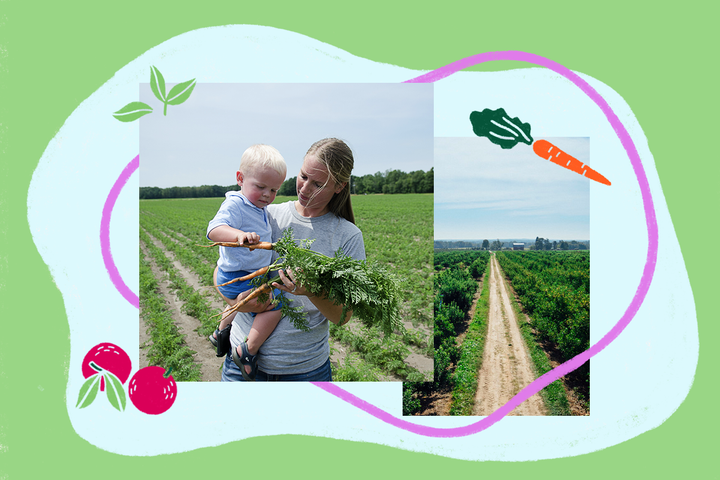 Gerber procurement specialist Andrea Herrygers visits a Gerber field with her son. Some of the family farms Gerber partners with are close to their Fremont, MI test kitchen. 