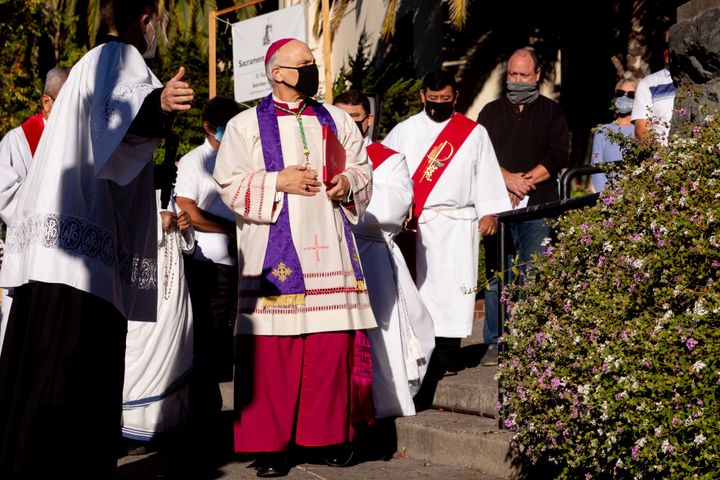 Archbishop Salvatore Cordileone (center) arrives to conduct an exorcism in San Rafael, California, on Oct. 17, 2020, on the s