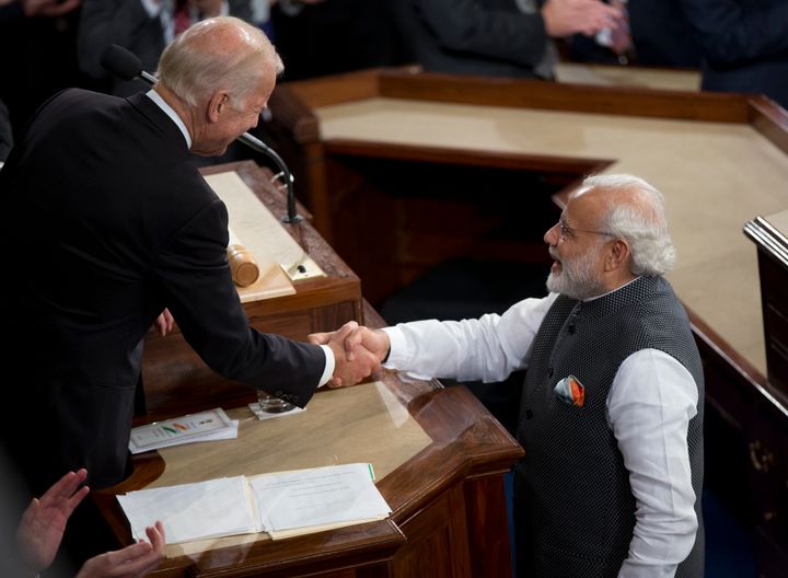 Prime Minister Narendra Modi shakes hands with President-elect (then vice-president) Joe Biden during his address to a joint meeting of Congress on Capitol Hill in Washington on June 8, 2016.