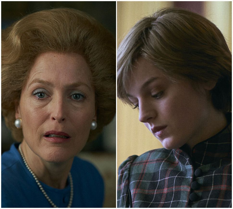 (L-R) Gillian Anderson as Margaret Thatcher and Emma Corrin as Princess Diana in The Crown.
