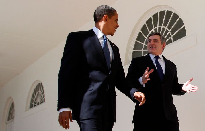 Barack Obama and Gordon Brown walk through the Colonnade at the White House in Washington, March 3, 2009.