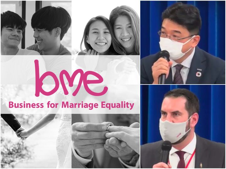 「Business for Marriage Equality」ロゴ、パナソニックの三島茂樹さん、コカ・コーラのパトリック・ジョーダンさん