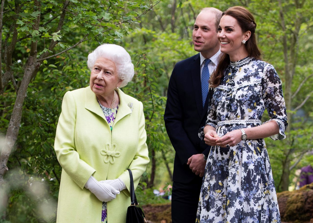 The Duchess of Cambridge shows the Queen and Prince William around her 'Back to Nature Garden' garden at the Chelsea Flower Show in 2019 