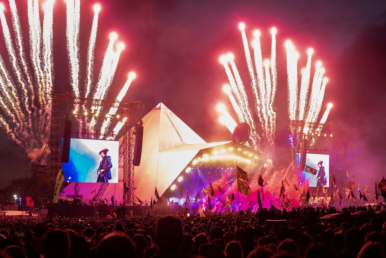 View of the Pyramid Stage during the Killers headline set on day 4 of Glastonbury 2019