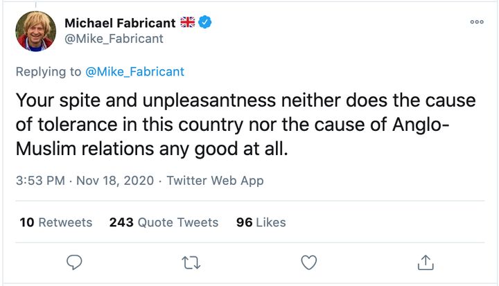 In a now-deleted tweet, Fabricant used the phrase 'Anglo-Muslim relations' 