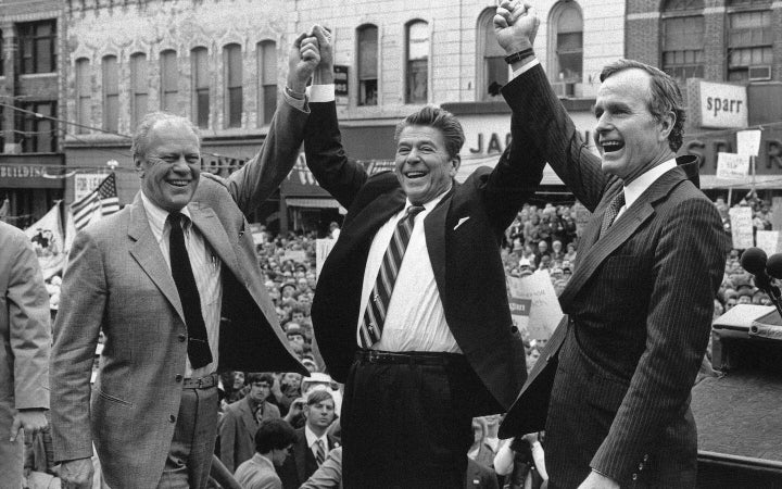 The U.S. politics of care changed under Ronald Reagan shown here on Nov. 3, 1980, with former president Gerald Ford and his running mate, George H.W. Bush in Peoria, Ill.