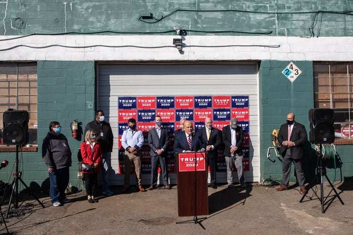 Rudy Giuliani, seen here at Four Seasons Total Landscaping, wants to disenfranchise a whole bunch of Pennsylvania voters.