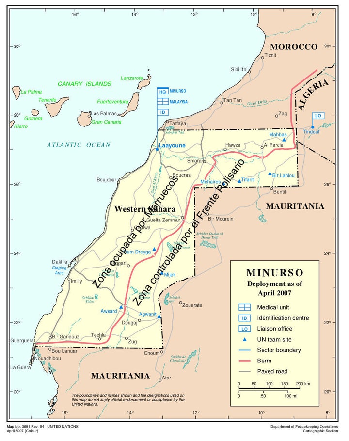 Mapa de la misión de la ONU en el Sáhara Occidental (MINURSO).