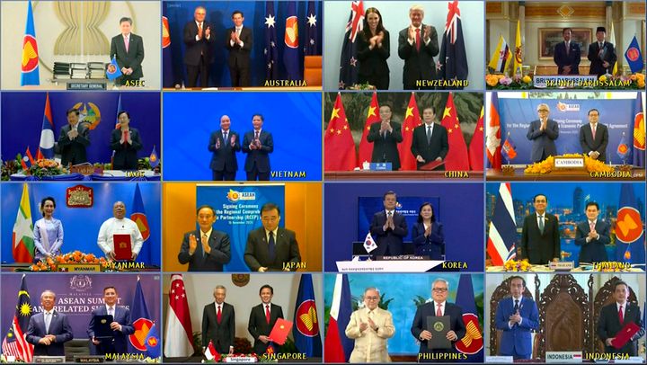 This image made from a teleconference provided by the Vietnam News Agency (VNA) shows the leaders and trade ministers of 15 Regional Comprehensive Economic Partnership (RCEP) countries on November 15, 2020.