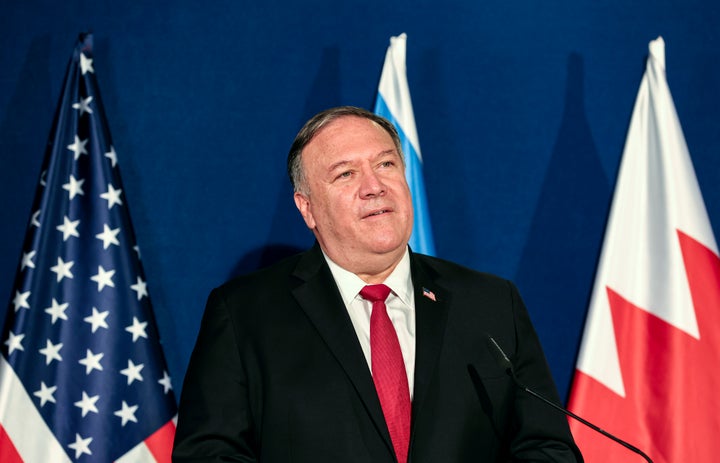 U.S. Secretary of State Mike Pompeo is seen Wednesday during a press conference with Israeli Prime Minister Benjamin Netanyahu and Bahrain's Foreign Minister Abdullatif bin Rashid Alzayani.