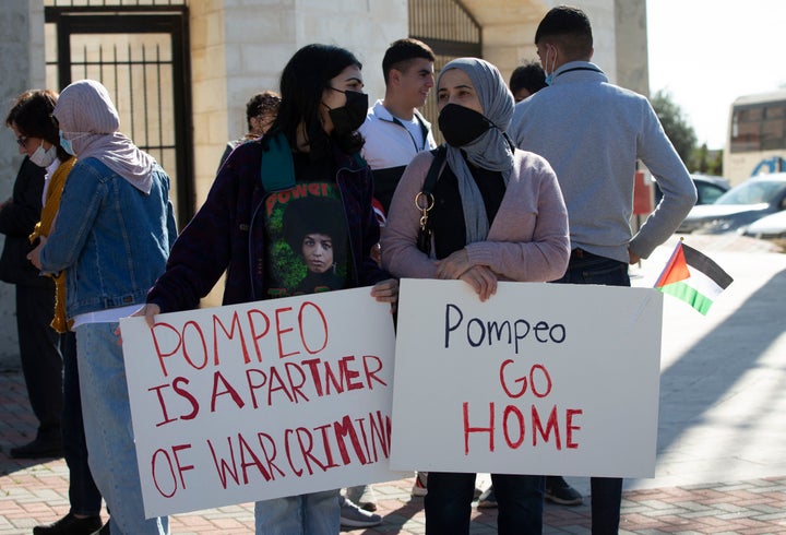 Palestinians on Wednesday protested against Pompeo's expected visit to the Jewish settlement of Psagot near the West Bank city of Al-Bireh.